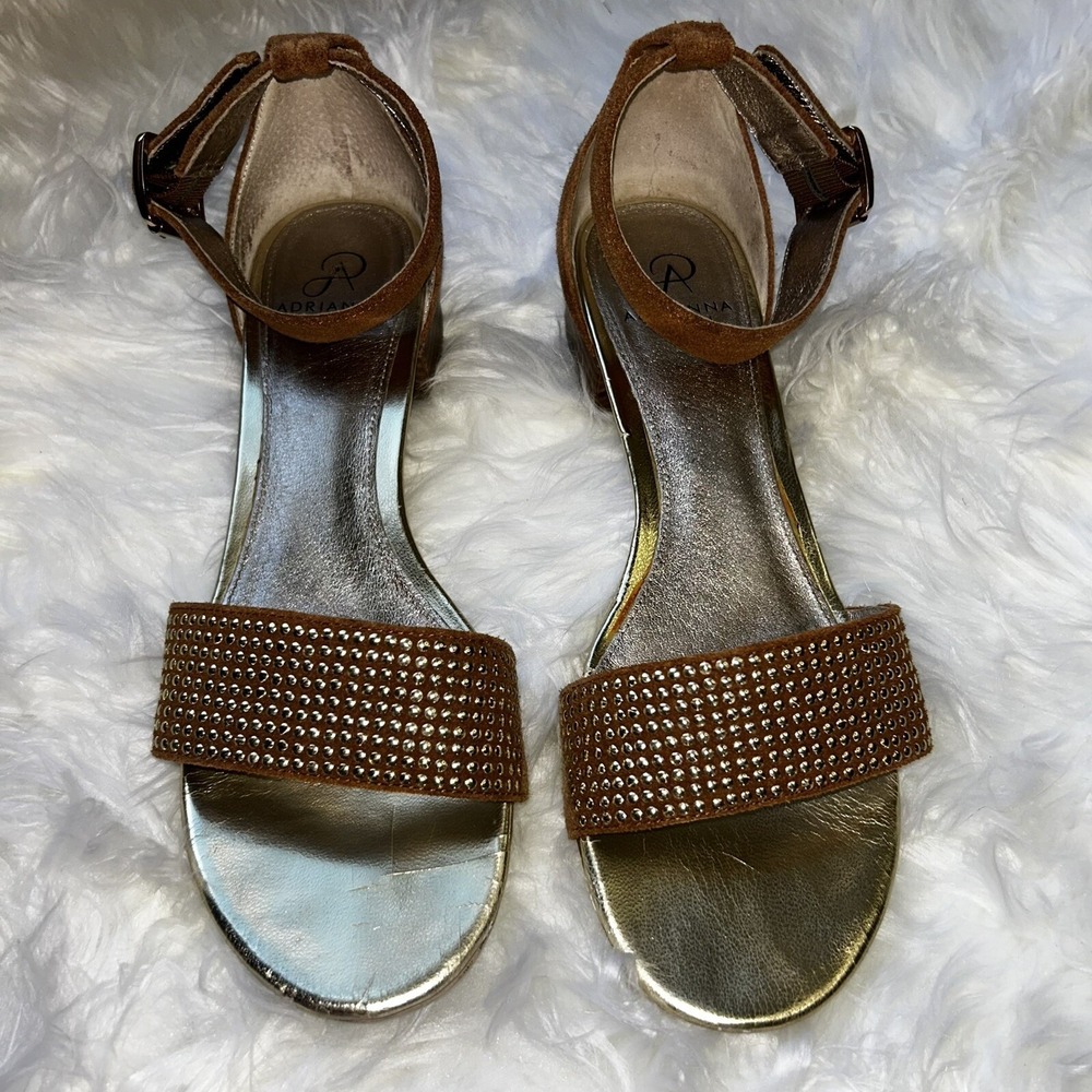 Adrianna Papell Brown Suede Studded Ankle Strap Block Heel Sandals Womens 10.5